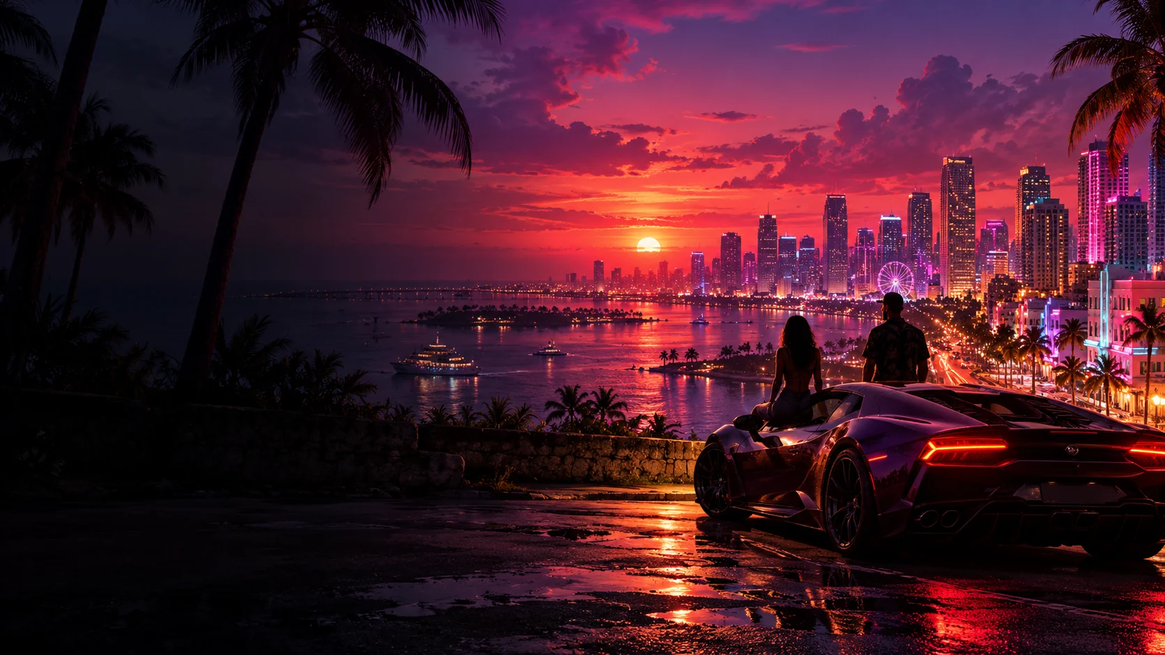 Neonové pobřežní město inspirované atmosférou Vice City při západu slunce